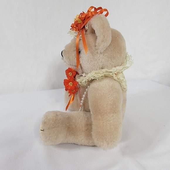 Adjustable Bear Plush 10" With Flowers and Necklace No Tags - Picture 6 of 10